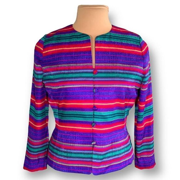 Vintage Adrianna Papell Jacket Collarless Hourglass Blazer Silk Rainbow Stripe - Picture 11 of 11